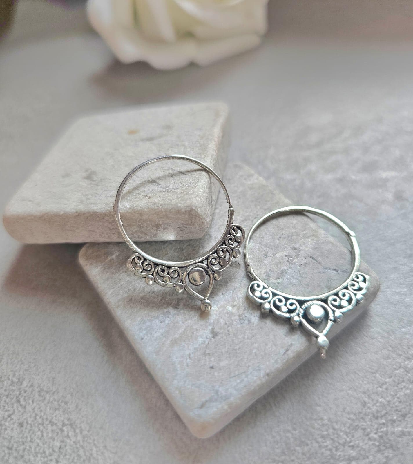 Silver Plated Bali Hoop Earrings Boho Filigree Hoops