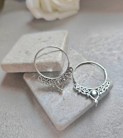 Silver Plated Bali Hoop Earrings Boho Filigree Hoops