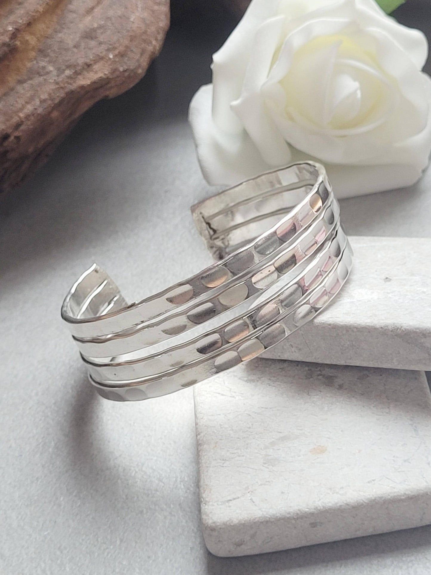 Silver Hammered Cuff Bracelet, Silver Plated Adjustable Bangle, Minimalist Textured Bracelet, Open Cuff Jewellery, Modern Gift for Her