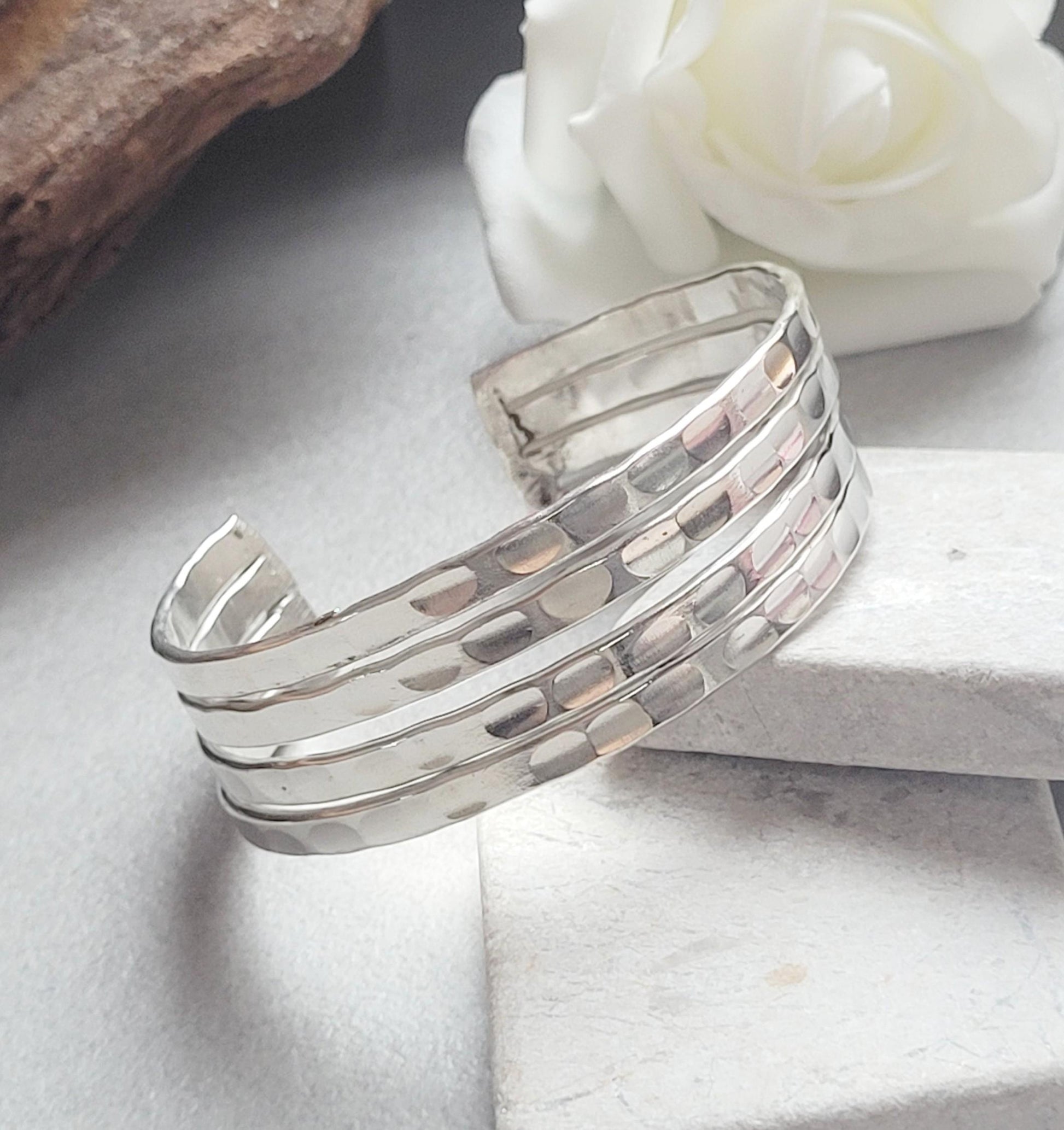 Silver Hammered Cuff Bracelet, Silver Plated Adjustable Bangle, Minimalist Textured Bracelet, Open Cuff Jewellery, Modern Gift for Her