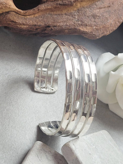 Silver Hammered Cuff Bracelet, Silver Plated Adjustable Bangle, Minimalist Textured Bracelet, Open Cuff Jewellery, Modern Gift for Her