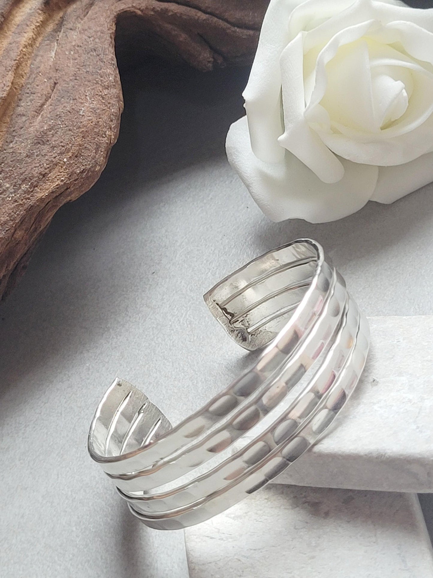 Silver Hammered Cuff Bracelet, Silver Plated Adjustable Bangle, Minimalist Textured Bracelet, Open Cuff Jewellery, Modern Gift for Her