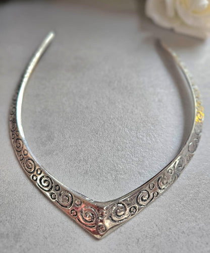 Silver Plated Statement Choker Necklace | Embossed Swirl Collar Necklace | Boho Silver Torque | Adjustable Open Choker | Gift for Her