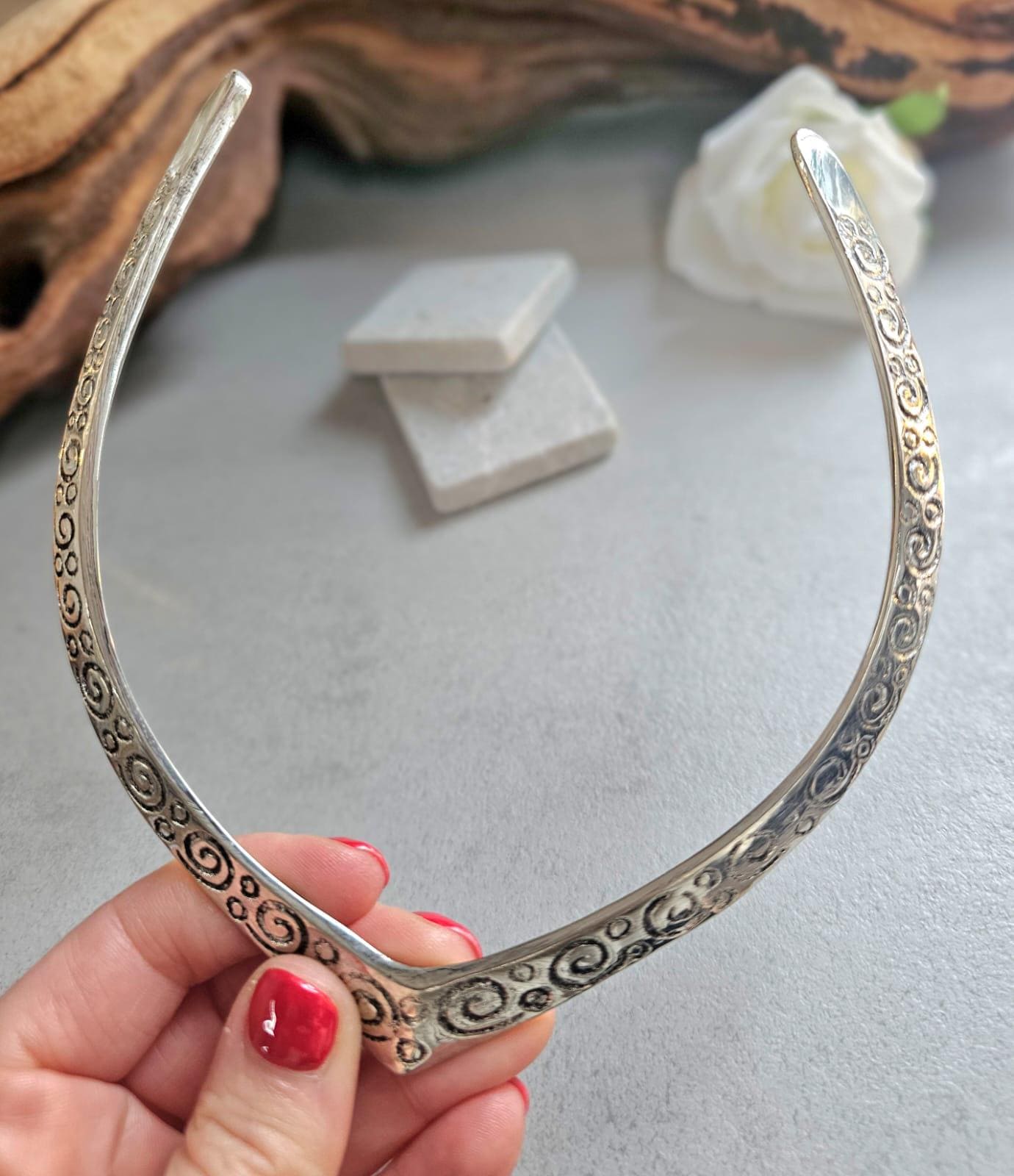 Silver Plated Statement Choker Necklace | Embossed Swirl Collar Necklace | Boho Silver Torque | Adjustable Open Choker | Gift for Her