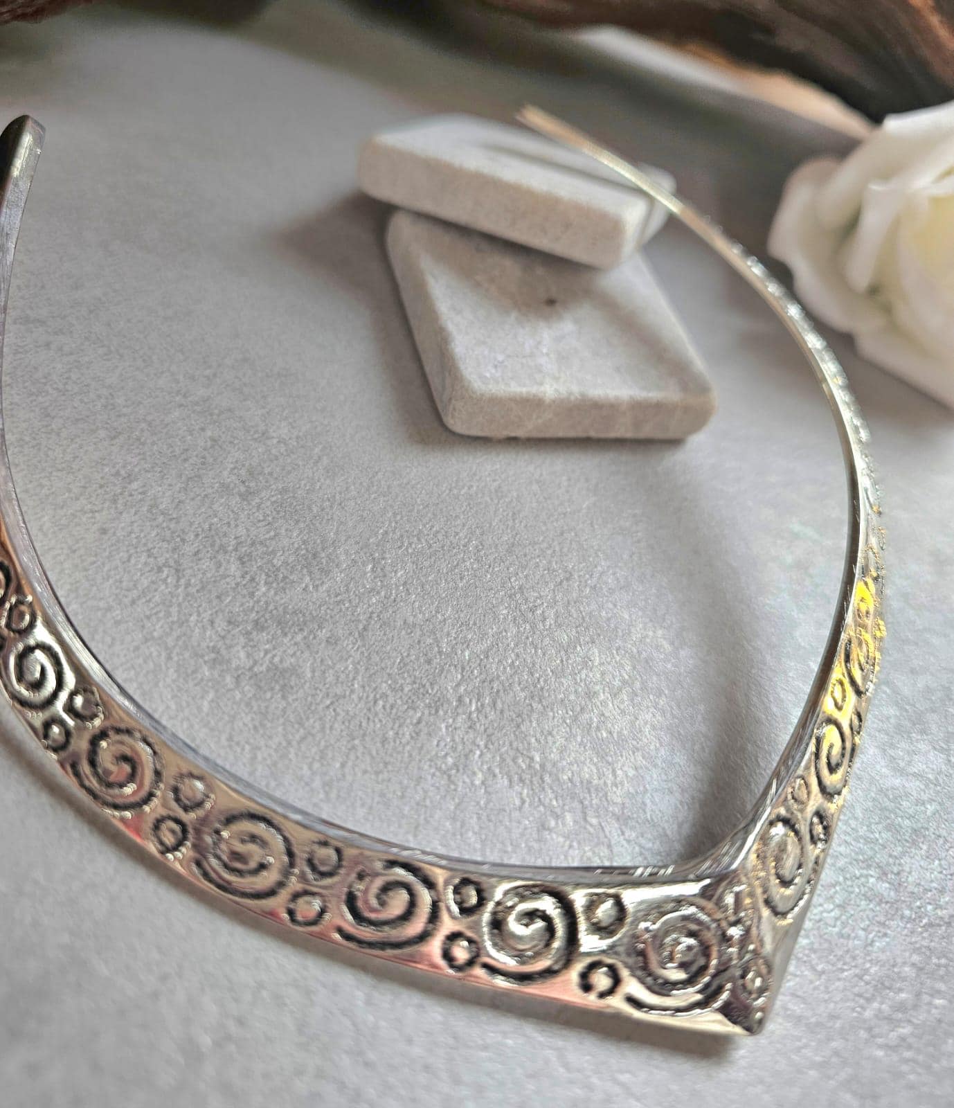 Silver Plated Statement Choker Necklace | Embossed Swirl Collar Necklace | Boho Silver Torque | Adjustable Open Choker | Gift for Her