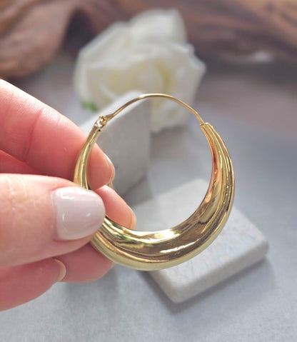 Large Gold Hoop Earrings, 4.5cm Brass Hoops, Bold Statement Earrings, Hypoallergenic Minimalist Jewellery, Thick Dome Hoops Gift for her