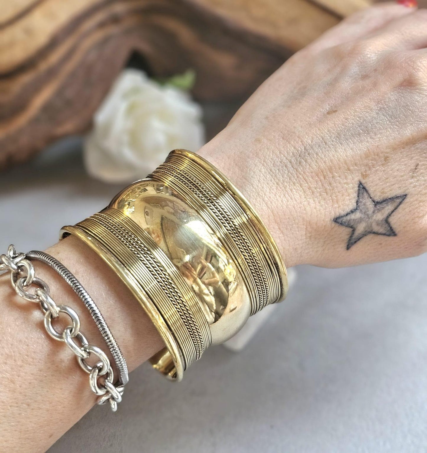 Gold Statement Cuff Bracelet – Wide Textured Open Bangle – Bold Layered Metal Cuff – Adjustable Boho Chic Jewelry Gift for Her