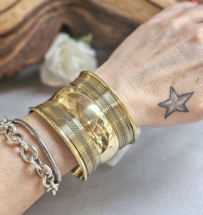 Gold Statement Cuff Bracelet – Wide Textured Open Bangle – Bold Layered Metal Cuff – Adjustable Boho Chic Jewelry Gift for Her
