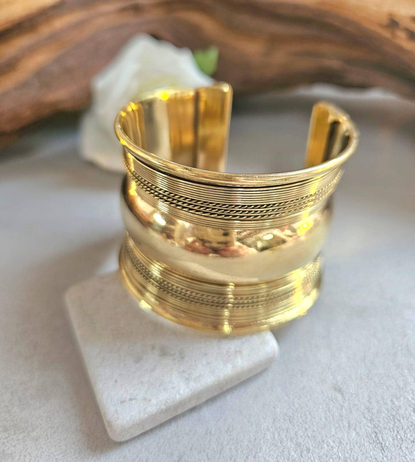 Gold Statement Cuff Bracelet – Wide Textured Open Bangle – Bold Layered Metal Cuff – Adjustable Boho Chic Jewelry Gift for Her