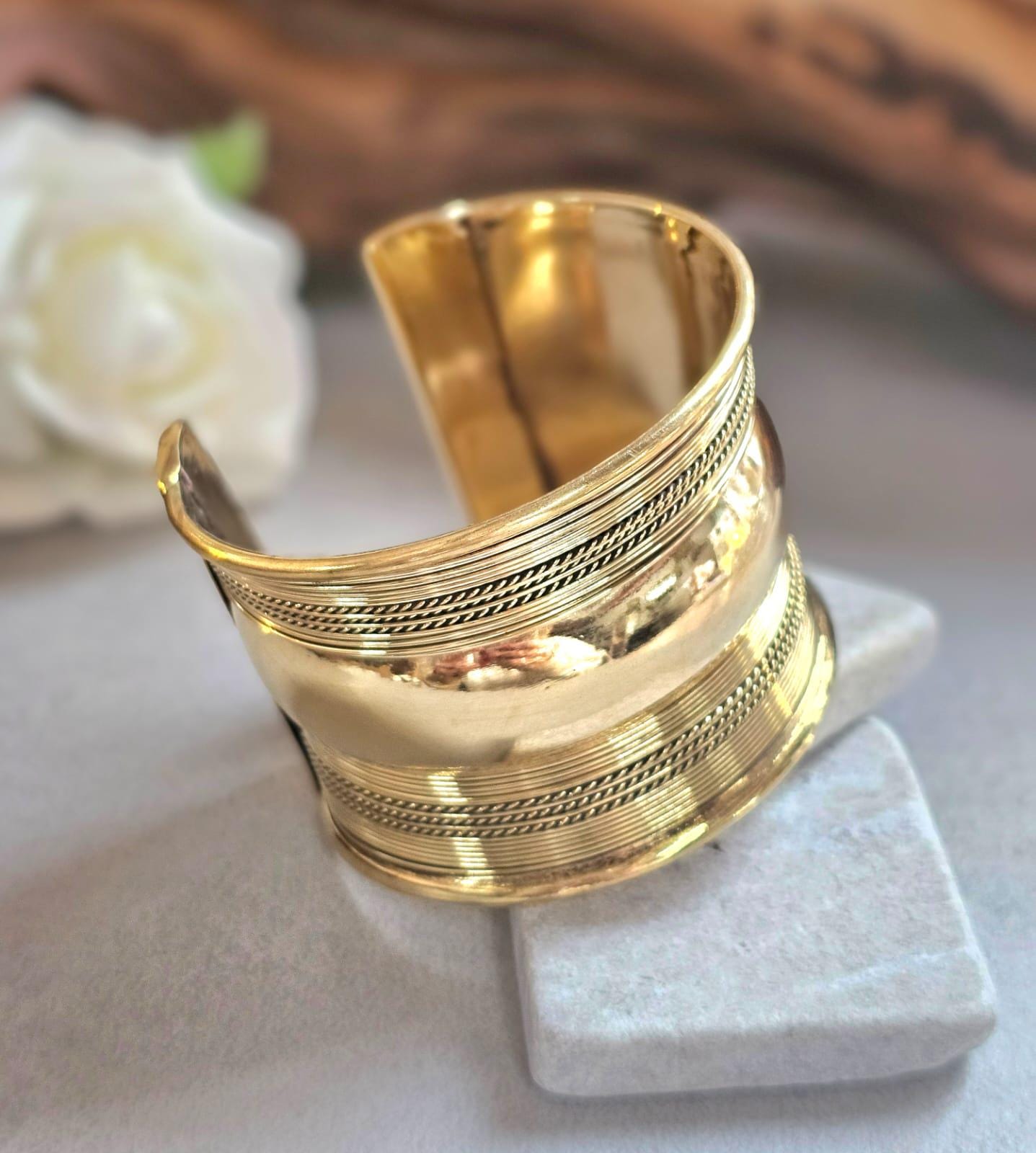 Gold Statement Cuff Bracelet – Wide Textured Open Bangle – Bold Layered Metal Cuff – Adjustable Boho Chic Jewelry Gift for Her
