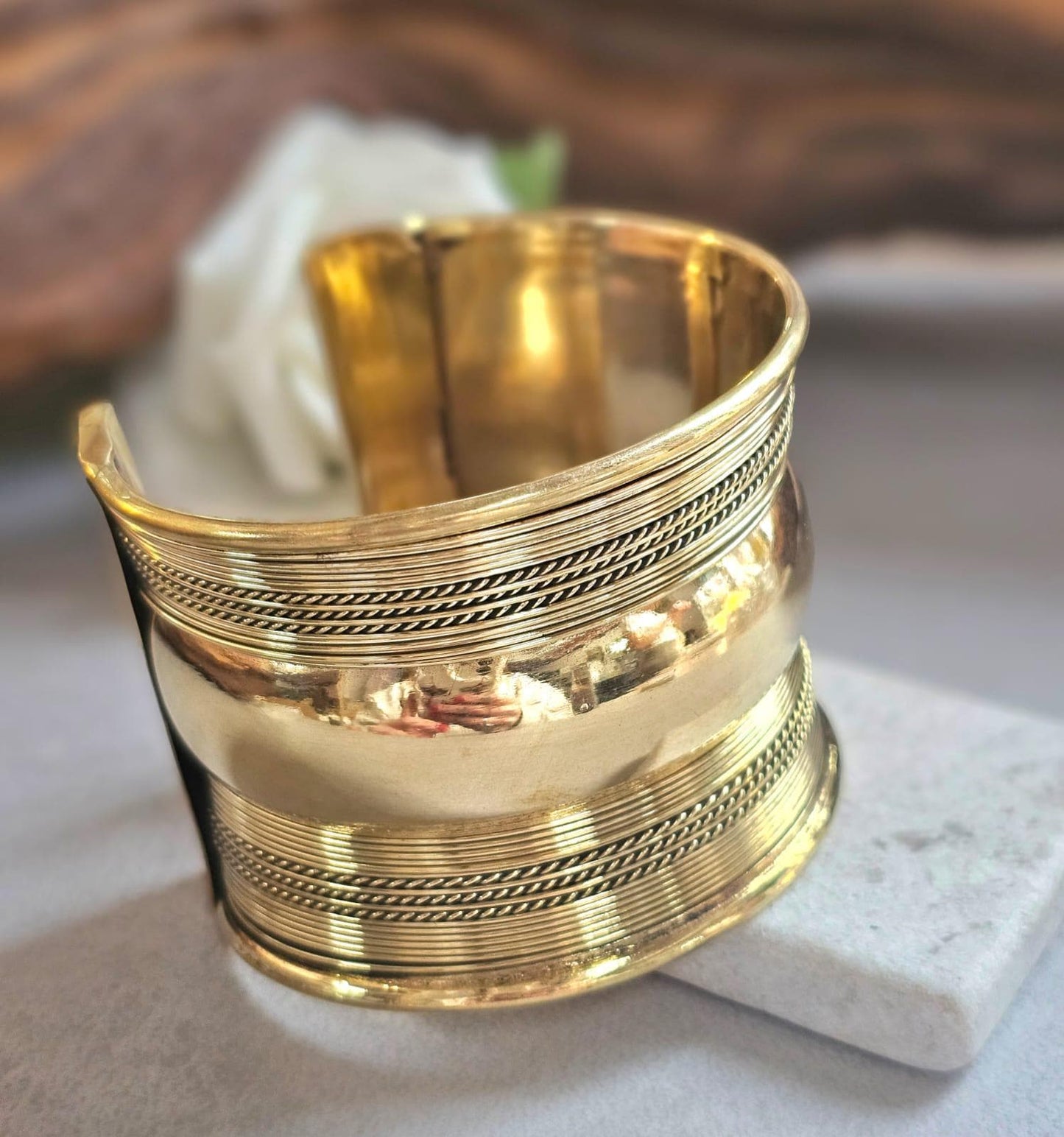 Gold Statement Cuff Bracelet – Wide Textured Open Bangle – Bold Layered Metal Cuff – Adjustable Boho Chic Jewelry Gift for Her