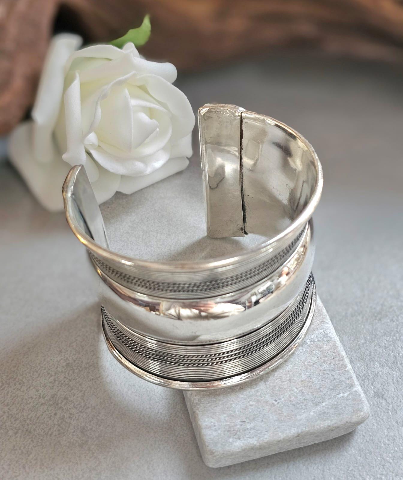 Silver Plated Wide Cuff Bracelet – Statement Textured Open Bangle – Bold Adjustable Wrist Cuff for Women