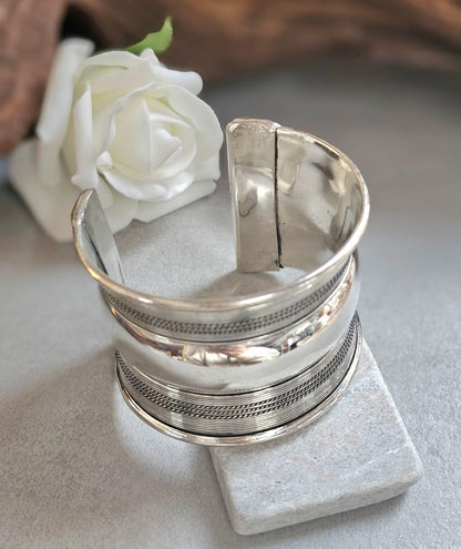 Silver Plated Wide Cuff Bracelet – Statement Textured Open Bangle – Bold Adjustable Wrist Cuff for Women