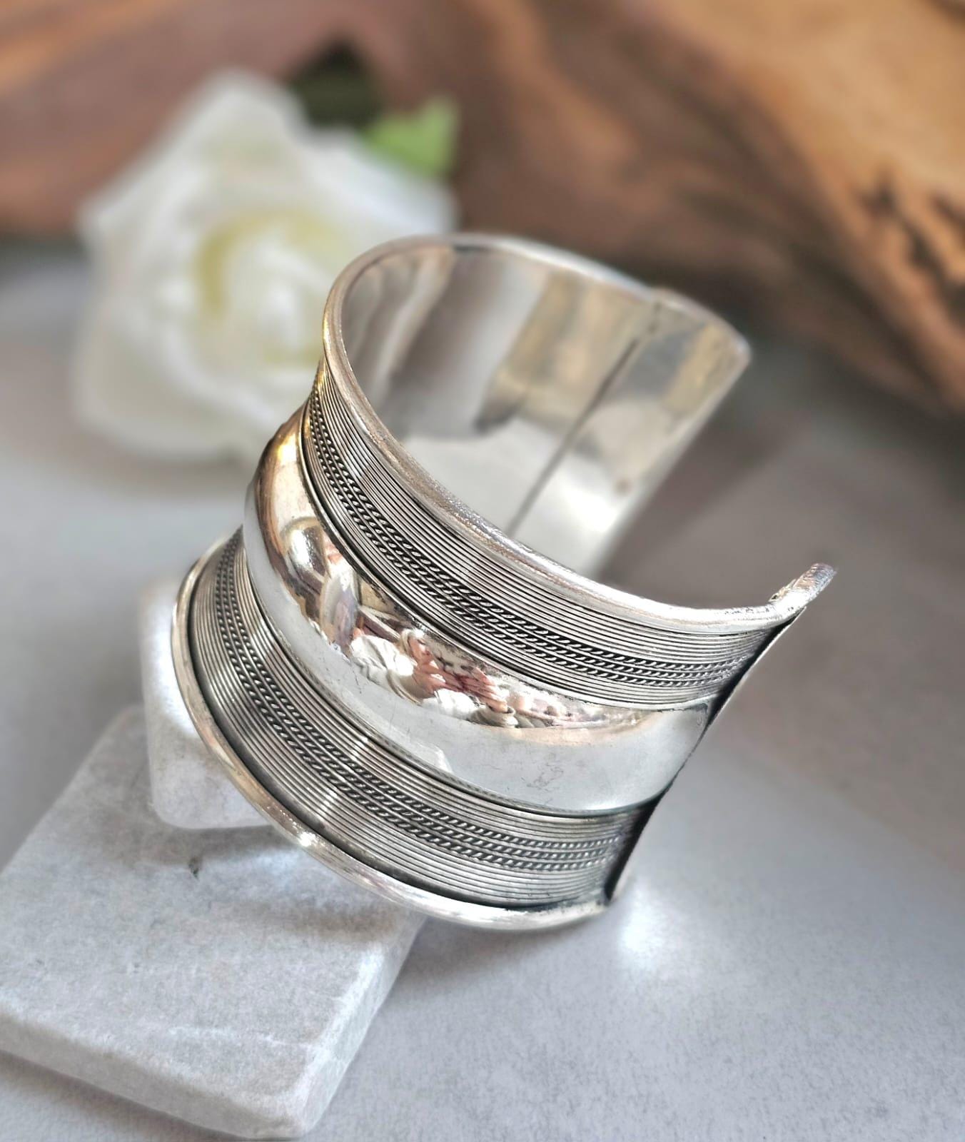Silver Plated Wide Cuff Bracelet – Statement Textured Open Bangle – Bold Adjustable Wrist Cuff for Women