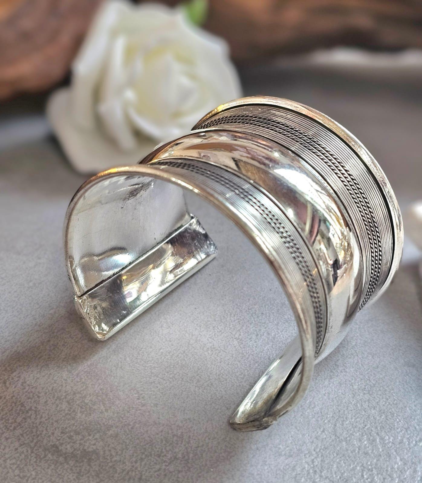 Silver Plated Wide Cuff Bracelet – Statement Textured Open Bangle – Bold Adjustable Wrist Cuff for Women