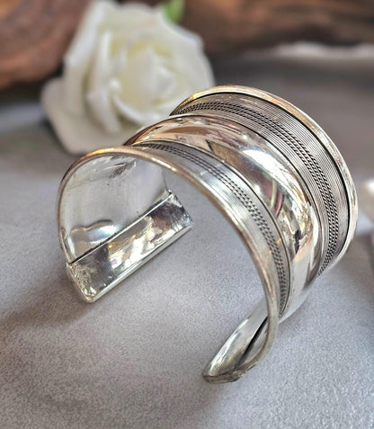 Silver Plated Wide Cuff Bracelet – Statement Textured Open Bangle – Bold Adjustable Wrist Cuff for Women