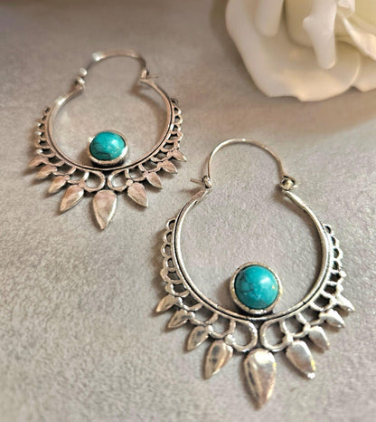 Silver Plated Turquoise Hoop Earrings | Bohemian Statement Earrings