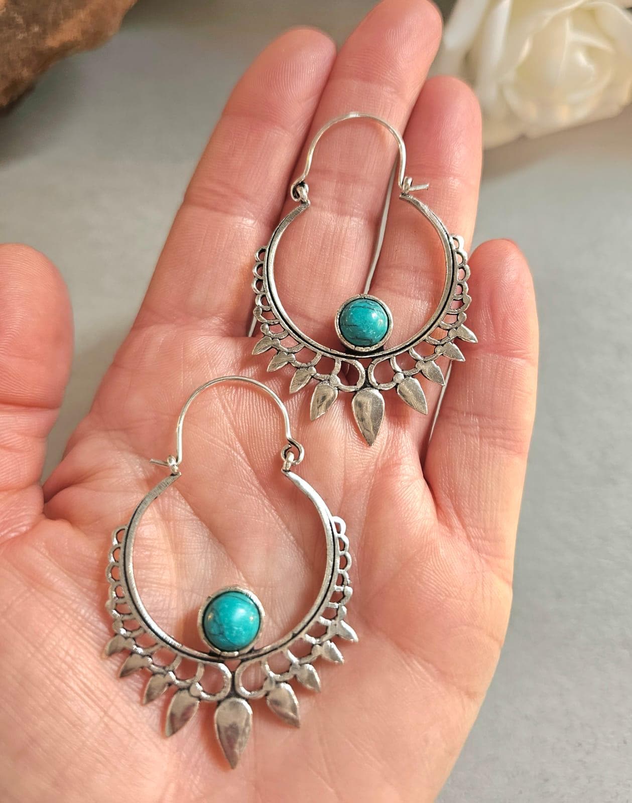 Silver Plated Turquoise Hoop Earrings | Bohemian Statement Earrings