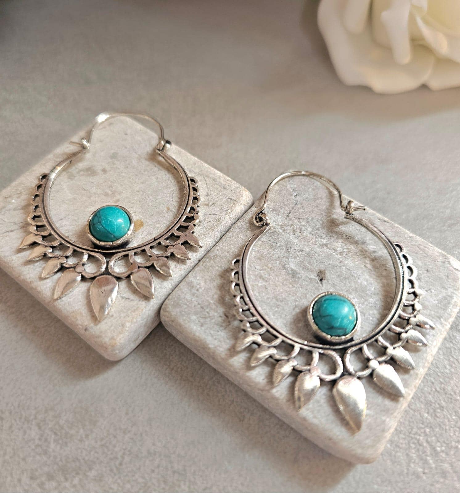 Silver Plated Turquoise Hoop Earrings | Bohemian Statement Earrings