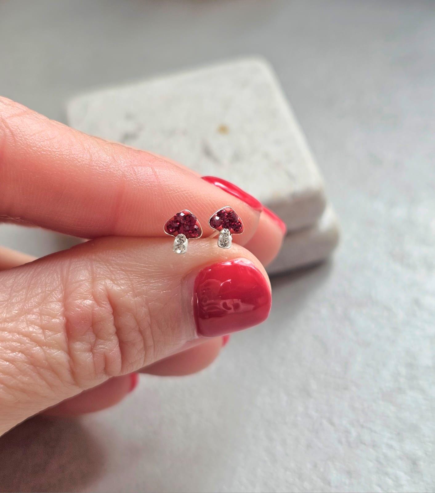 Sterling Silver Mushroom Stud Earrings – Red Crystal Toadstool Earrings – Cute Minimalist Nature Jewellery Gift for Her