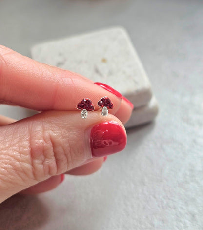 Sterling Silver Mushroom Stud Earrings – Red Crystal Toadstool Earrings – Cute Minimalist Nature Jewellery Gift for Her