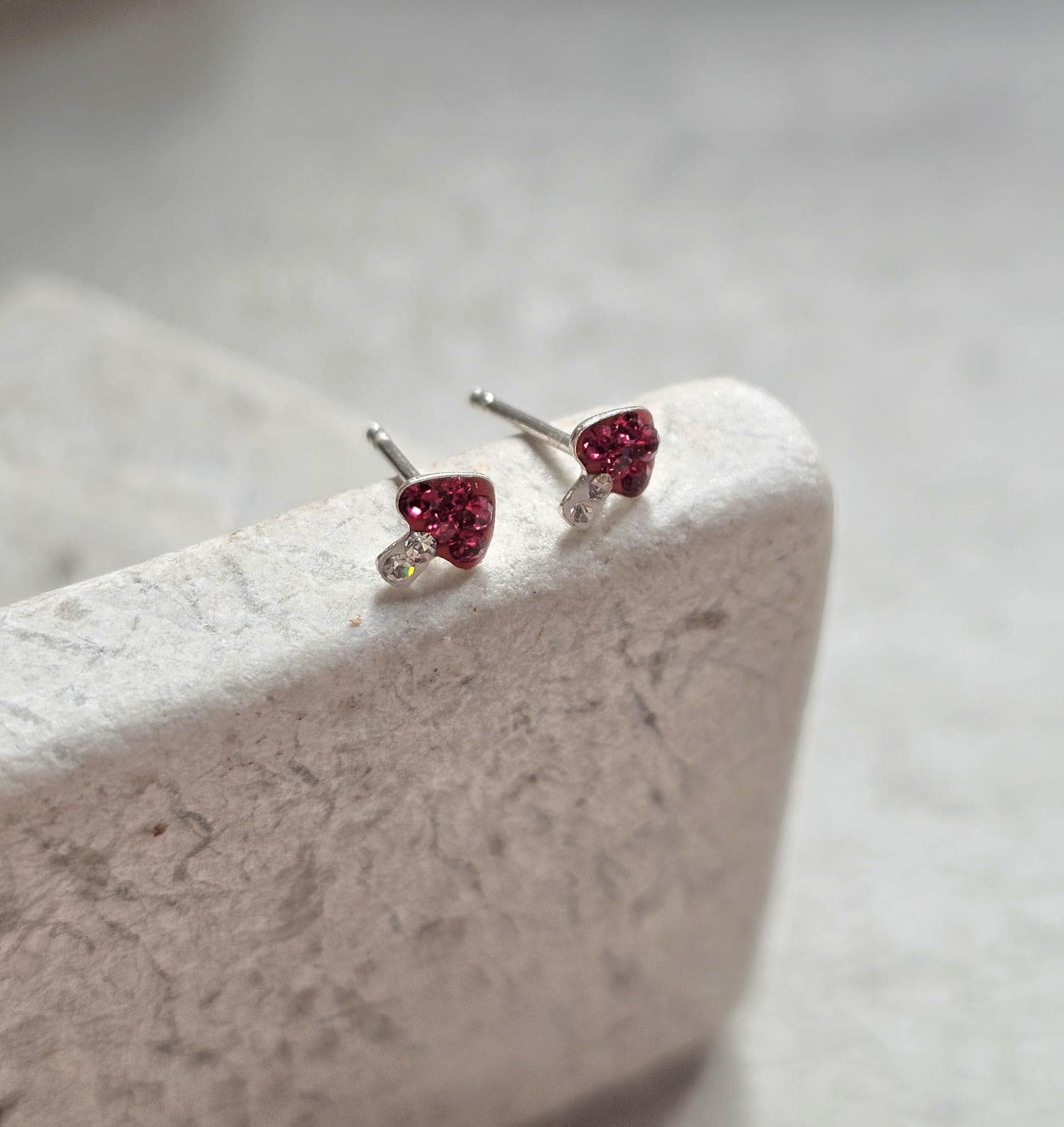 Sterling Silver Mushroom Stud Earrings – Red Crystal Toadstool Earrings – Cute Minimalist Nature Jewellery Gift for Her