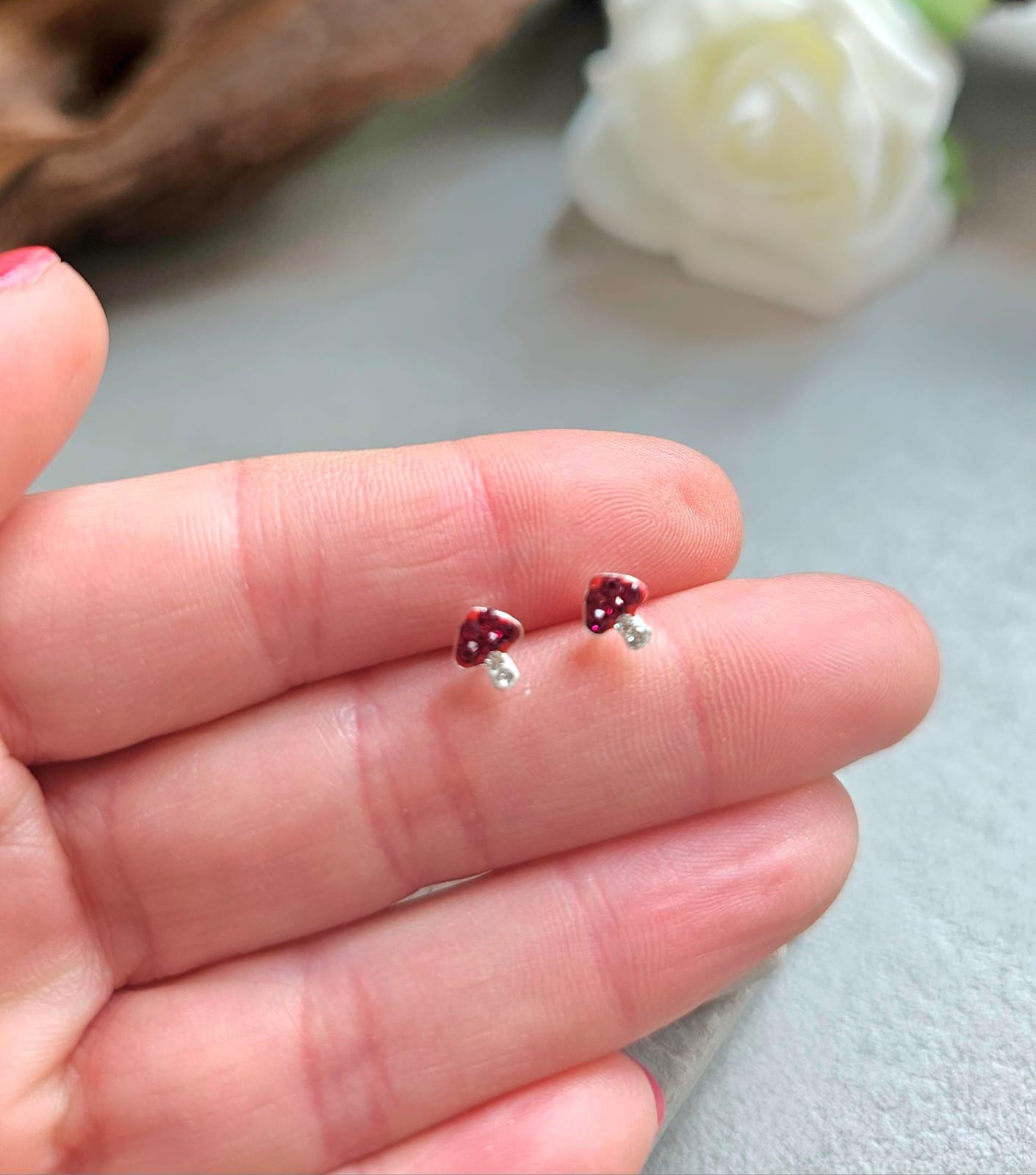Sterling Silver Mushroom Stud Earrings – Red Crystal Toadstool Earrings – Cute Minimalist Nature Jewellery Gift for Her