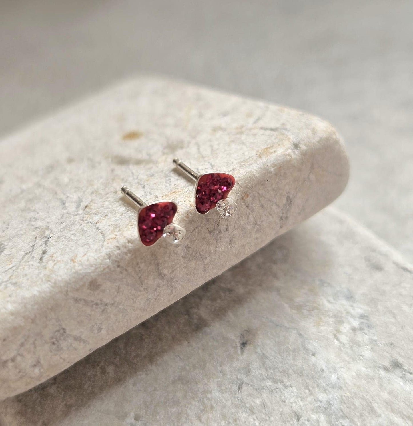 Sterling Silver Mushroom Stud Earrings – Red Crystal Toadstool Earrings – Cute Minimalist Nature Jewellery Gift for Her