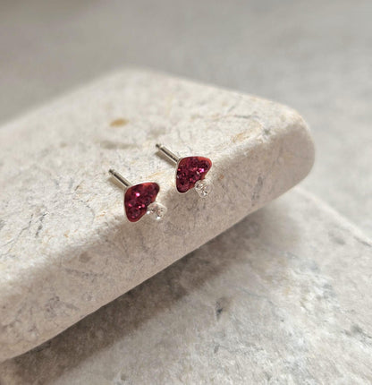 Sterling Silver Mushroom Stud Earrings – Red Crystal Toadstool Earrings – Cute Minimalist Nature Jewellery Gift for Her