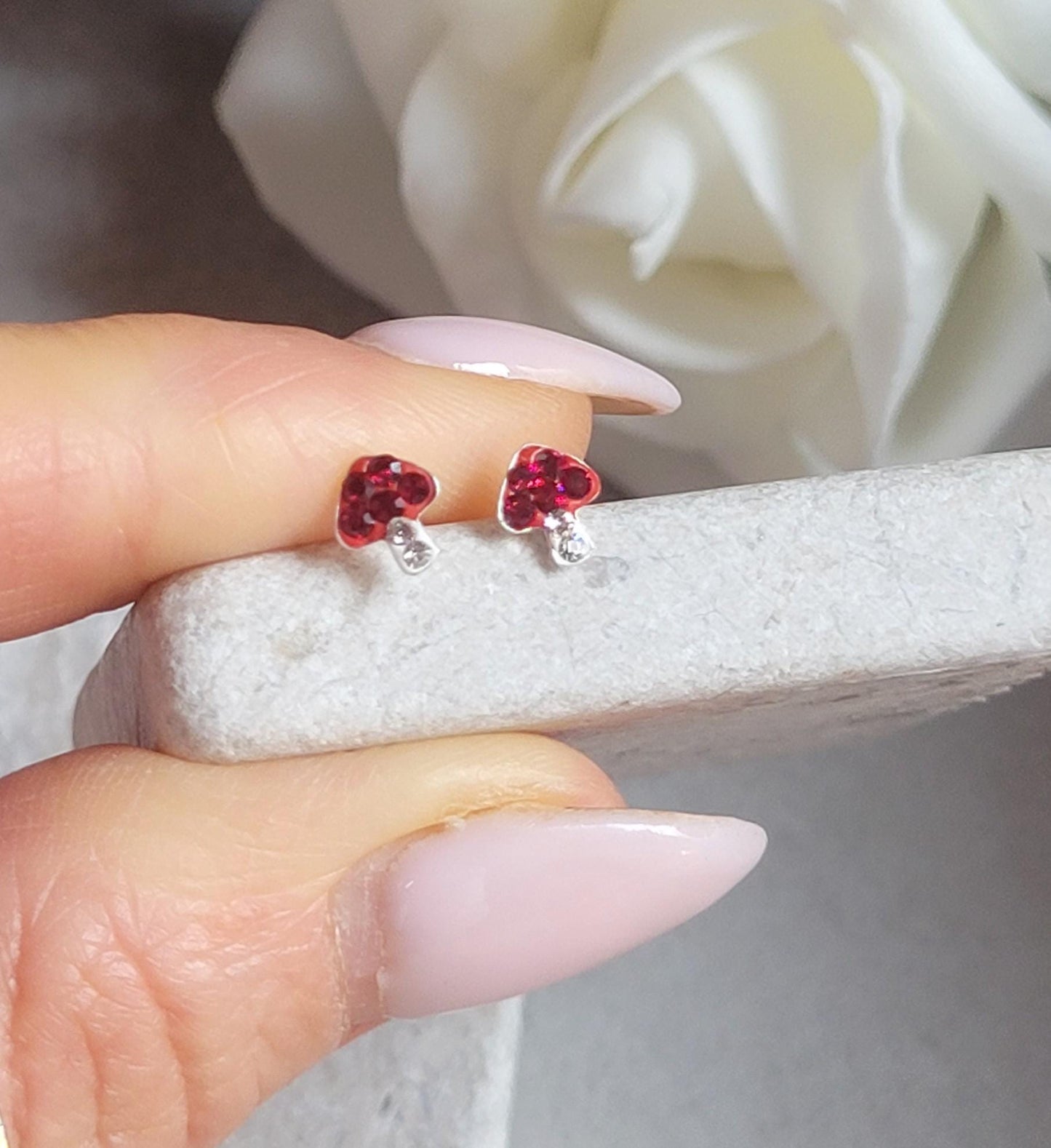 Sterling Silver Mushroom Stud Earrings – Red Crystal Toadstool Earrings – Cute Minimalist Nature Jewellery Gift for Her