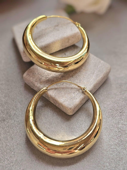 Bold Crescent Hoop Earrings 5cm, Chunky Lightweight Gold Hoops, Hypoallergenic Raw Brass Statement Earrings, Modern Minimal Jewellery