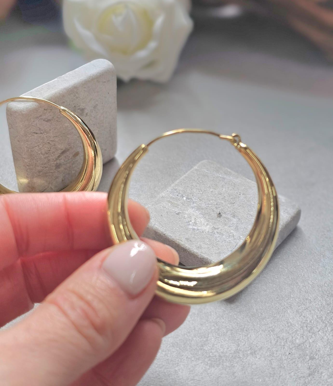Bold Crescent Hoop Earrings 5cm, Chunky Lightweight Gold Hoops, Hypoallergenic Raw Brass Statement Earrings, Modern Minimal Jewellery