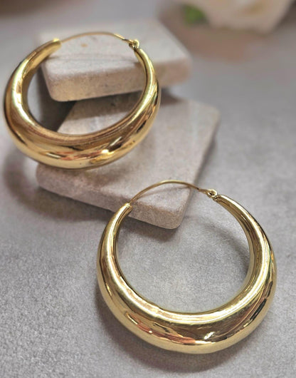 Bold Crescent Hoop Earrings 5cm, Chunky Lightweight Gold Hoops, Hypoallergenic Raw Brass Statement Earrings, Modern Minimal Jewellery