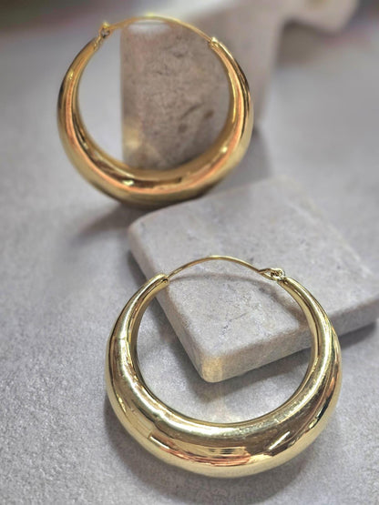 Bold Crescent Hoop Earrings 5cm, Chunky Lightweight Gold Hoops, Hypoallergenic Raw Brass Statement Earrings, Modern Minimal Jewellery