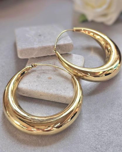 Super Size Gold Hoops 6cm, Thick Crescent Hoop Earrings, Lightweight Brass, Hypoallergenic Large Statement Earrings