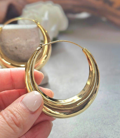 Super Size Gold Hoops 6cm, Thick Crescent Hoop Earrings, Lightweight Brass, Hypoallergenic Large Statement Earrings