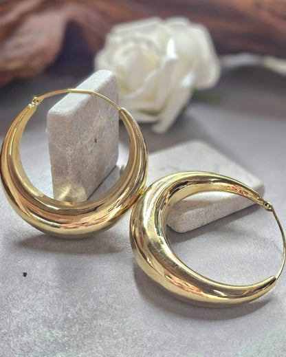 Super Size Gold Hoops 6cm, Thick Crescent Hoop Earrings, Lightweight Brass, Hypoallergenic Large Statement Earrings