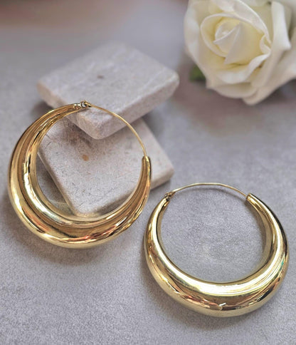 Super Size Gold Hoops 6cm, Thick Crescent Hoop Earrings, Lightweight Brass, Hypoallergenic Large Statement Earrings
