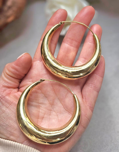 Super Size Gold Hoops 6cm, Thick Crescent Hoop Earrings, Lightweight Brass, Hypoallergenic Large Statement Earrings