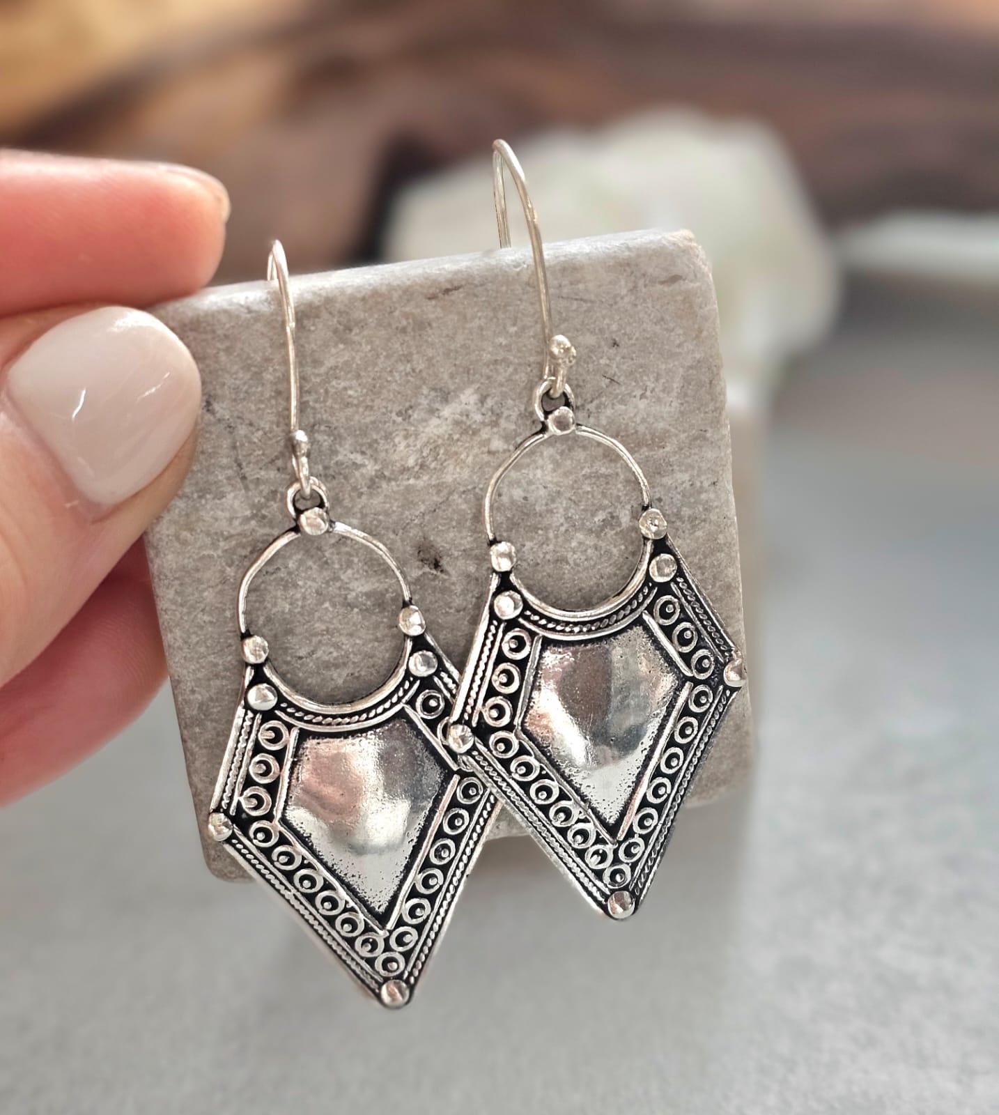 Boho Silver Plated Dangle Earrings | Tribal Design | Lightweight Hypoallergenic Statement Earrings
