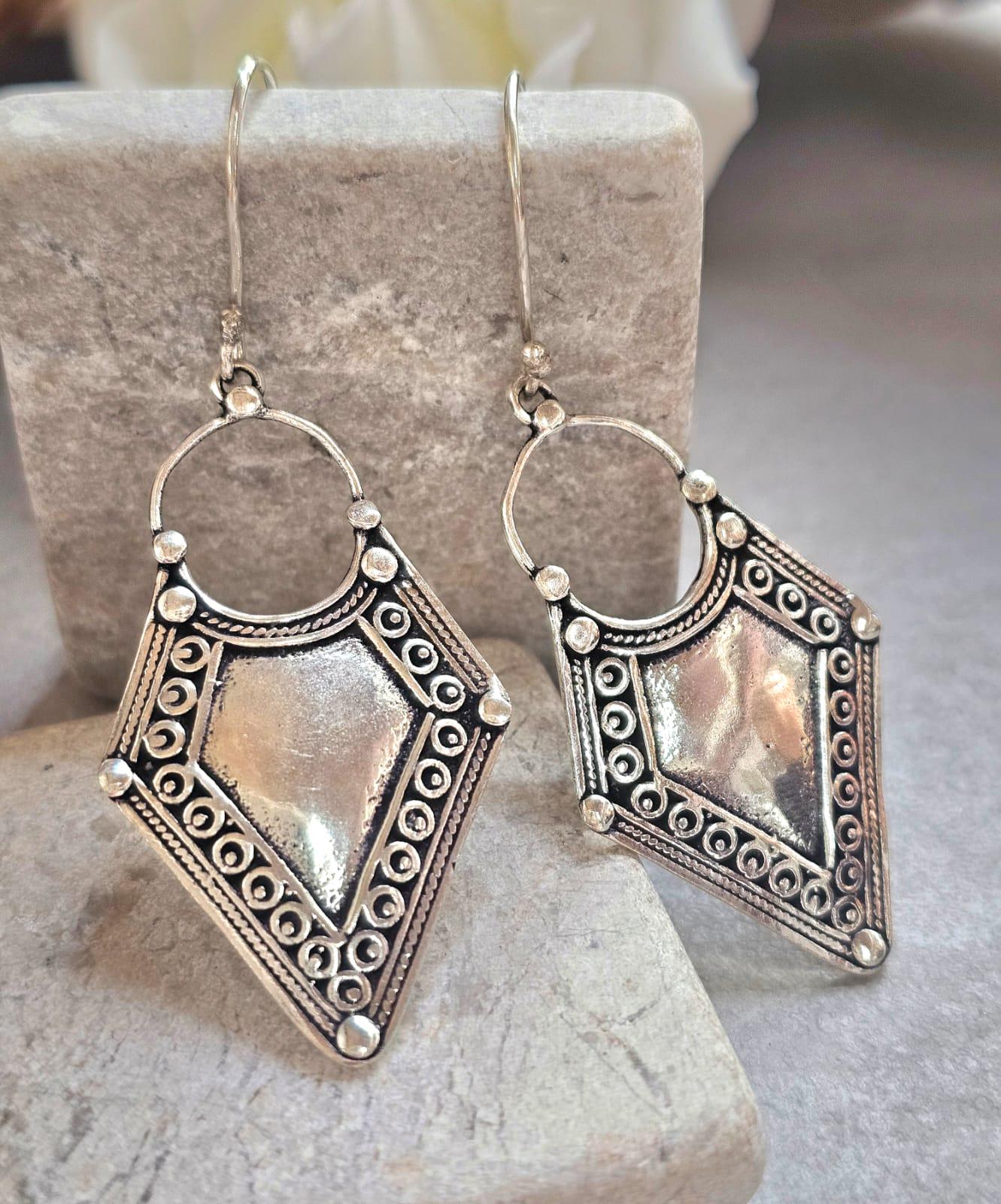 Boho Silver Plated Dangle Earrings | Tribal Design | Lightweight Hypoallergenic Statement Earrings