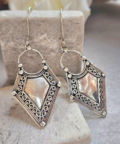 Boho Silver Plated Dangle Earrings | Tribal Design | Lightweight Hypoallergenic Statement Earrings