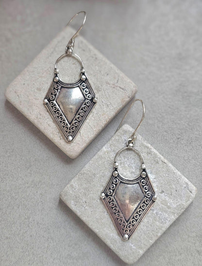Boho Silver Plated Dangle Earrings | Tribal Design | Lightweight Hypoallergenic Statement Earrings