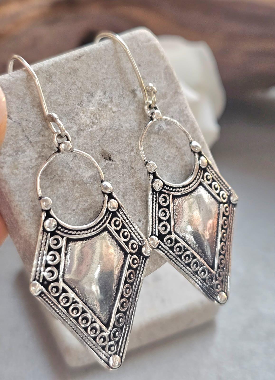 Boho Silver Plated Dangle Earrings | Tribal Design | Lightweight Hypoallergenic Statement Earrings