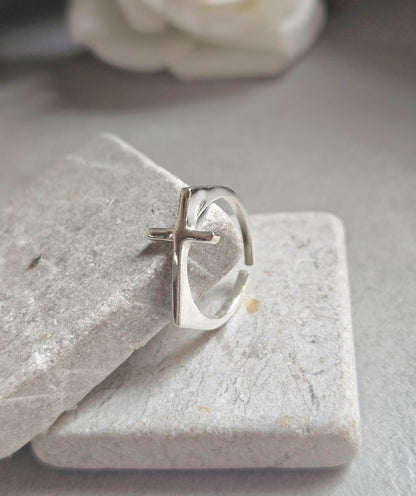 Silver Plated Cross Ring, Adjustable Christian Ring, Minimalist Jesus Cross Ring, Religious Faith Ring, Hypoallergenic Christian Jewellery G