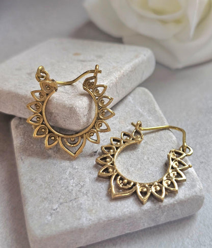 Small Brass Hoop Earrings, Boho Brass Hoops, Hypoallergenic Gold Hoop Earrings, Mandala Earrings, Lightweight