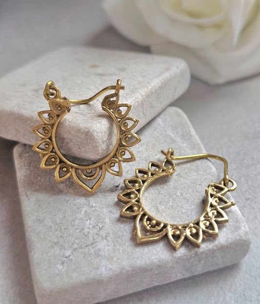 Small Brass Hoop Earrings, Boho Brass Hoops, Hypoallergenic Gold Hoop Earrings, Mandala Earrings, Lightweight