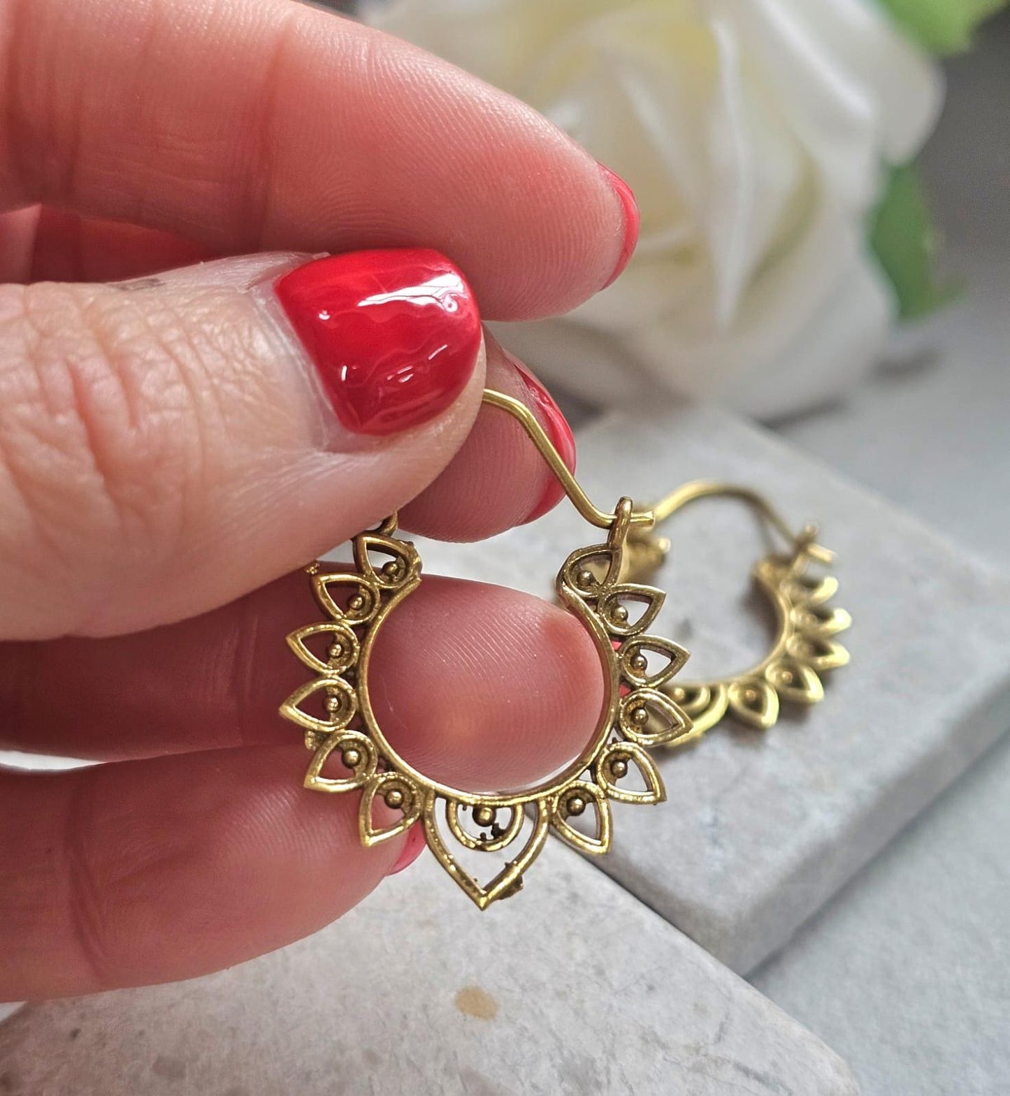 Small Brass Hoop Earrings, Boho Brass Hoops, Hypoallergenic Gold Hoop Earrings, Mandala Earrings, Lightweight
