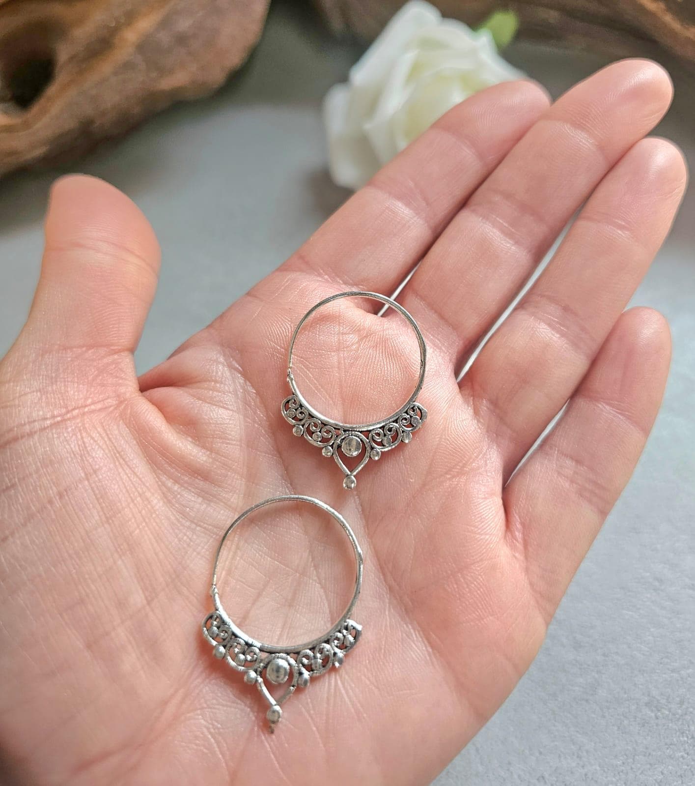 Silver Plated Bali Hoop Earrings Boho Filigree Hoops