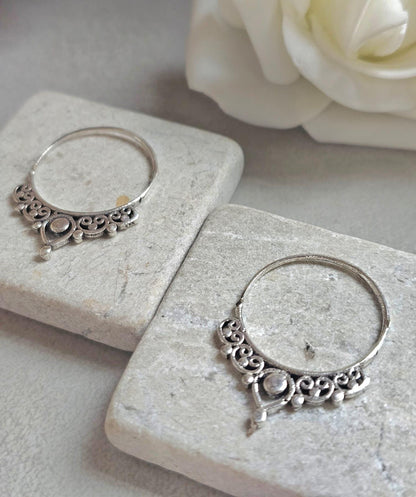 Silver Plated Bali Hoop Earrings Boho Filigree Hoops